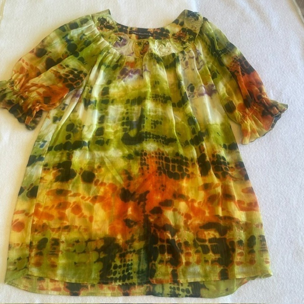 Alughkaby Sienna Rose Tie Dye Blouse Womens Size M Green Orange Sheer Boho